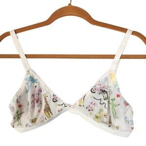 Parade Bralette Size Large White Summer Doodles Novelty Print Sheer Silky Mesh
